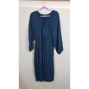 Old Navy Dress Womens XL Petite Blue Tiered Boho Floral Embroidered Pockets